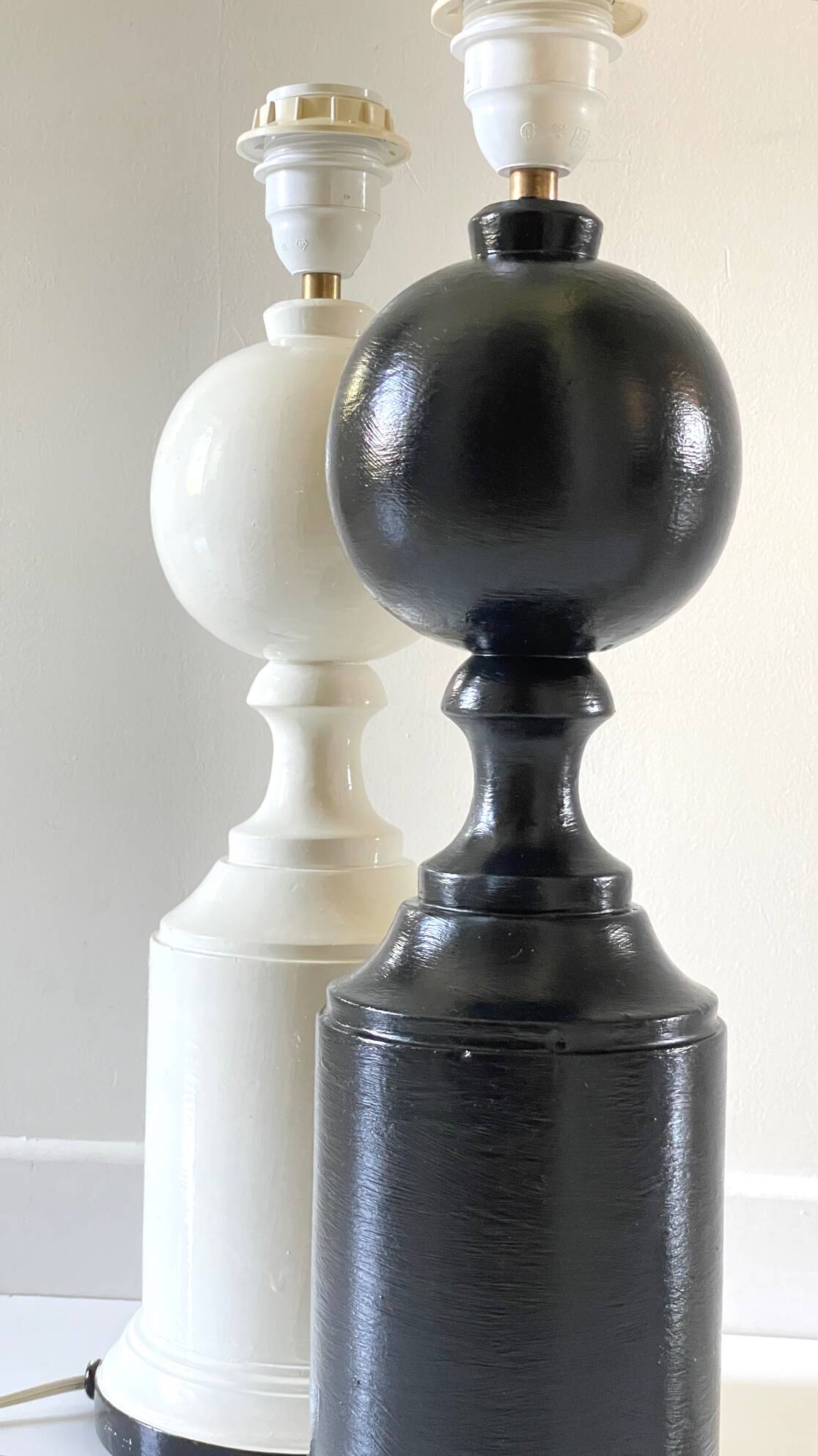 2 large black and white turned wood vintage lamp bases.