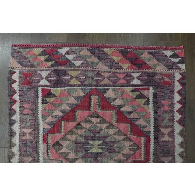1970s Vintage Turkish Oushak Handmade Wool Cotton Pink Runner Rug 87x333