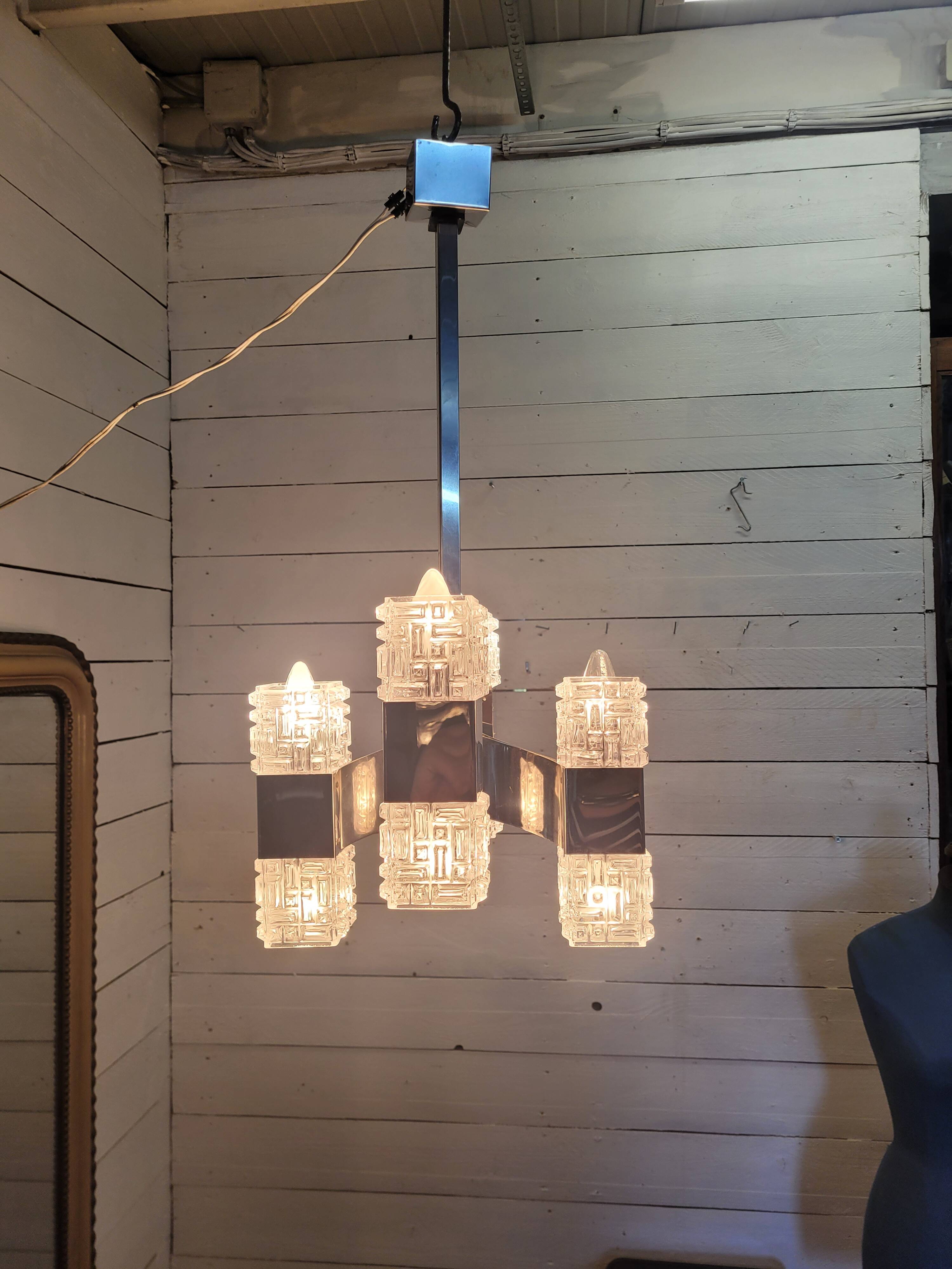 Chrome and glass pendant chandelier by Sciolari, Italy, 1960s