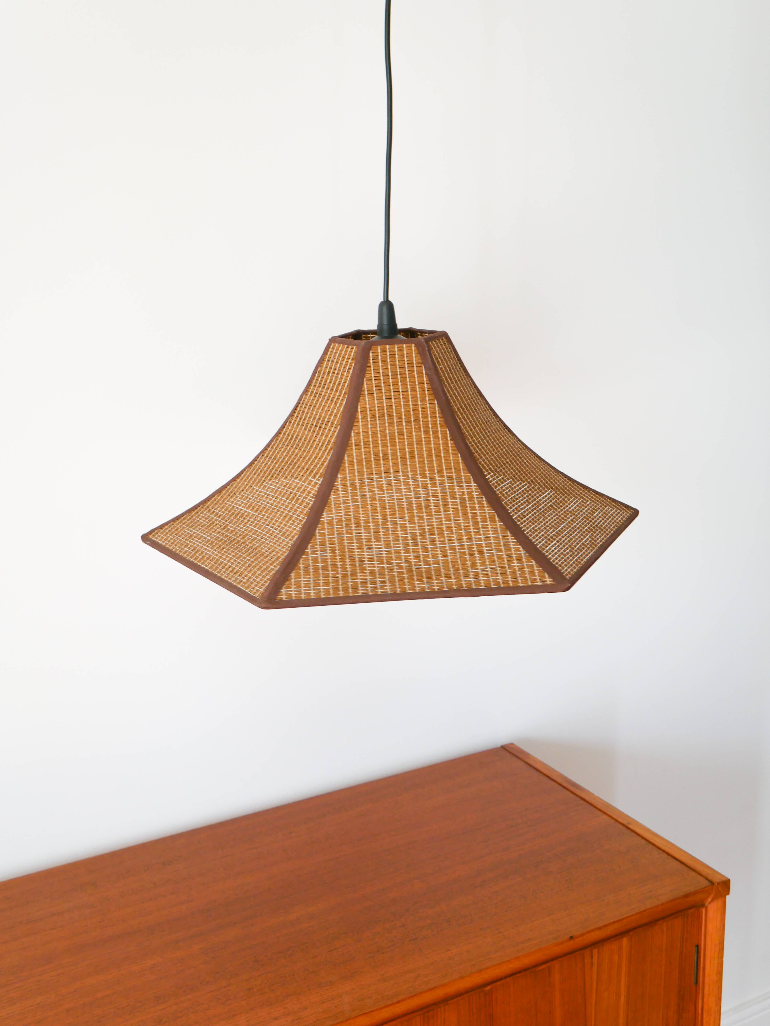 Hexagonal pendant light in brown rattan, 1970