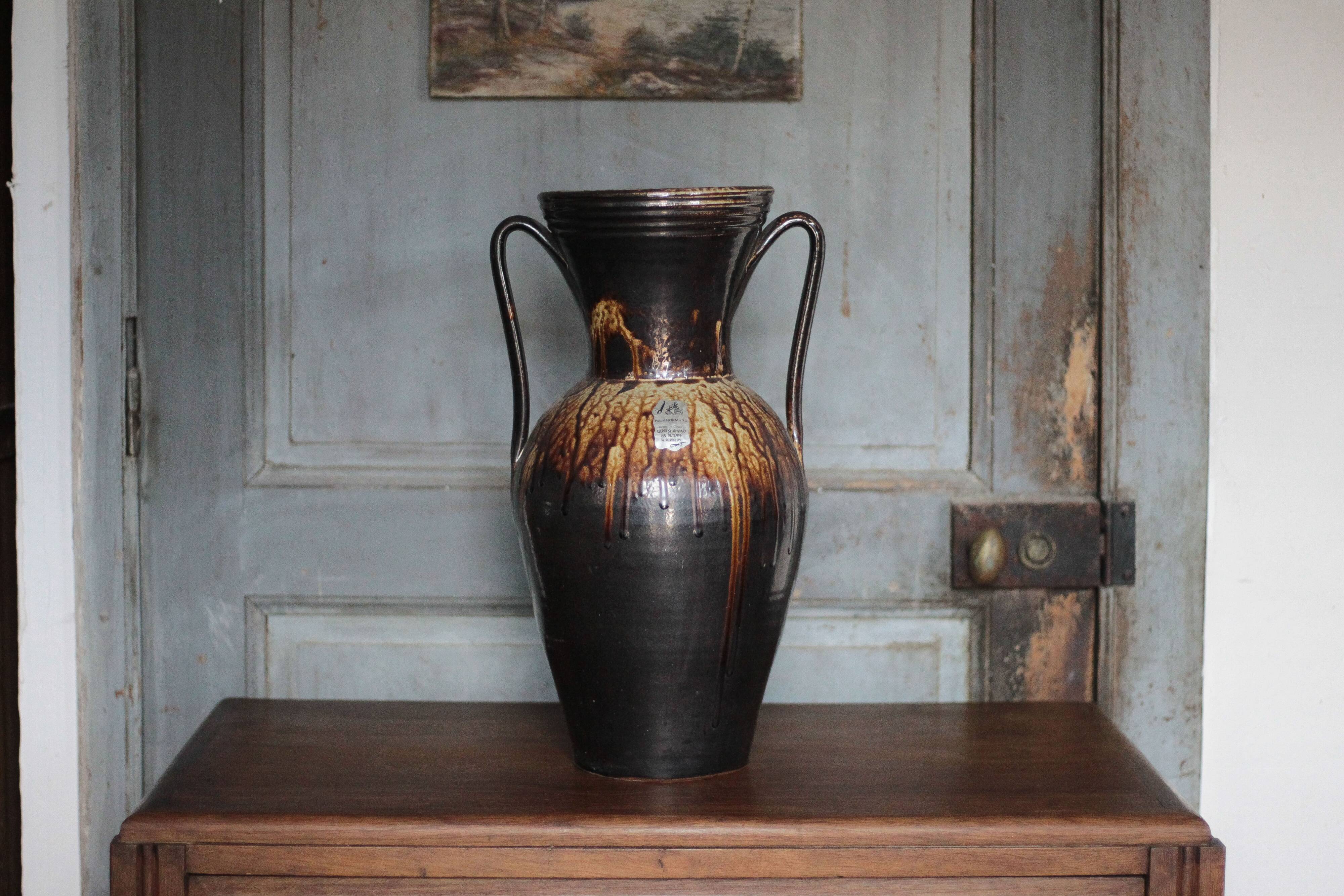 Large stoneware vase from Puisaye, vintage vase, vase with handles, interior decoration