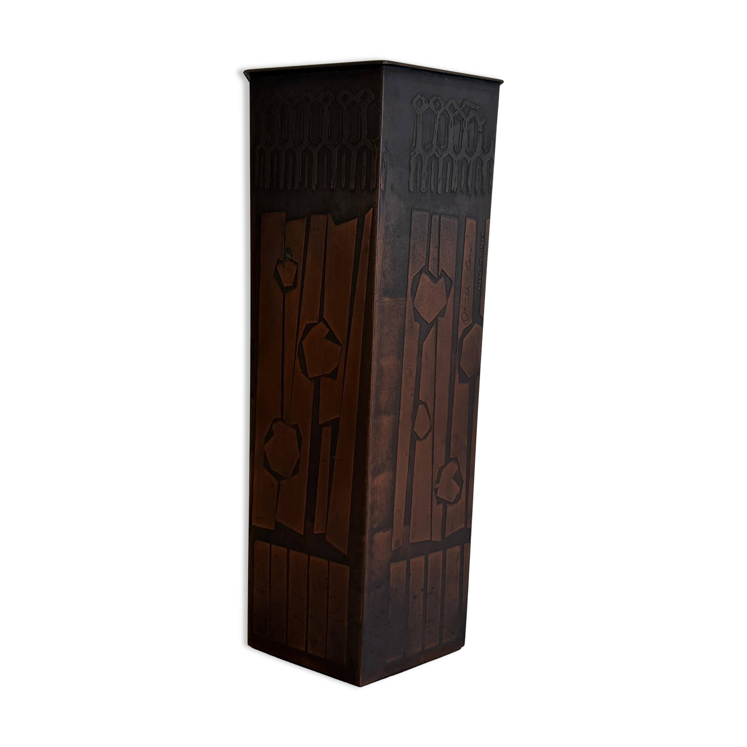 Hexagonal copper umbrella stand signed by the artist, 1960s, Italy.