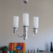 Chandelier in aluminum and chrome metal tulip white striated glass 1970 seventies