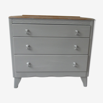 Commode année 50 gris perle, plateau bois blanchi.