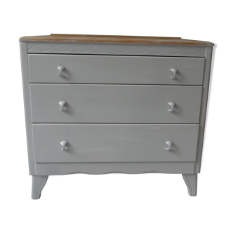 Chest of drawers year 50 pearl gray, bleached wood top.