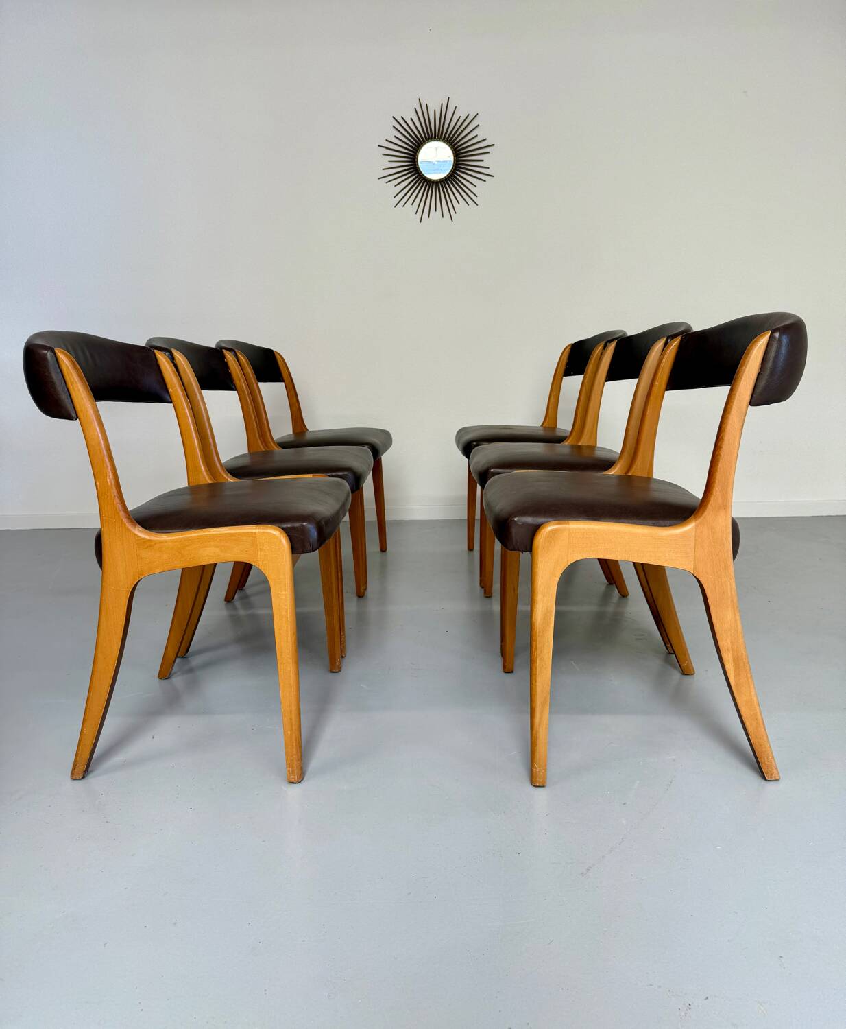 Set of 6 Baumann curved wood and imitation leather chairs, gondola model, 70s