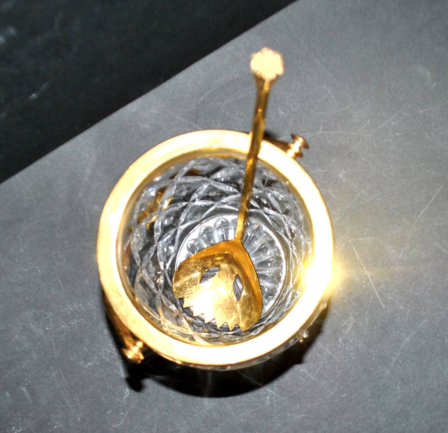 Vintage crystal ice bucket and gold frame "cristal ga" and cocktail ice cube spoon