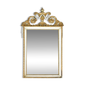 White and gold lacquered wooden mirror.