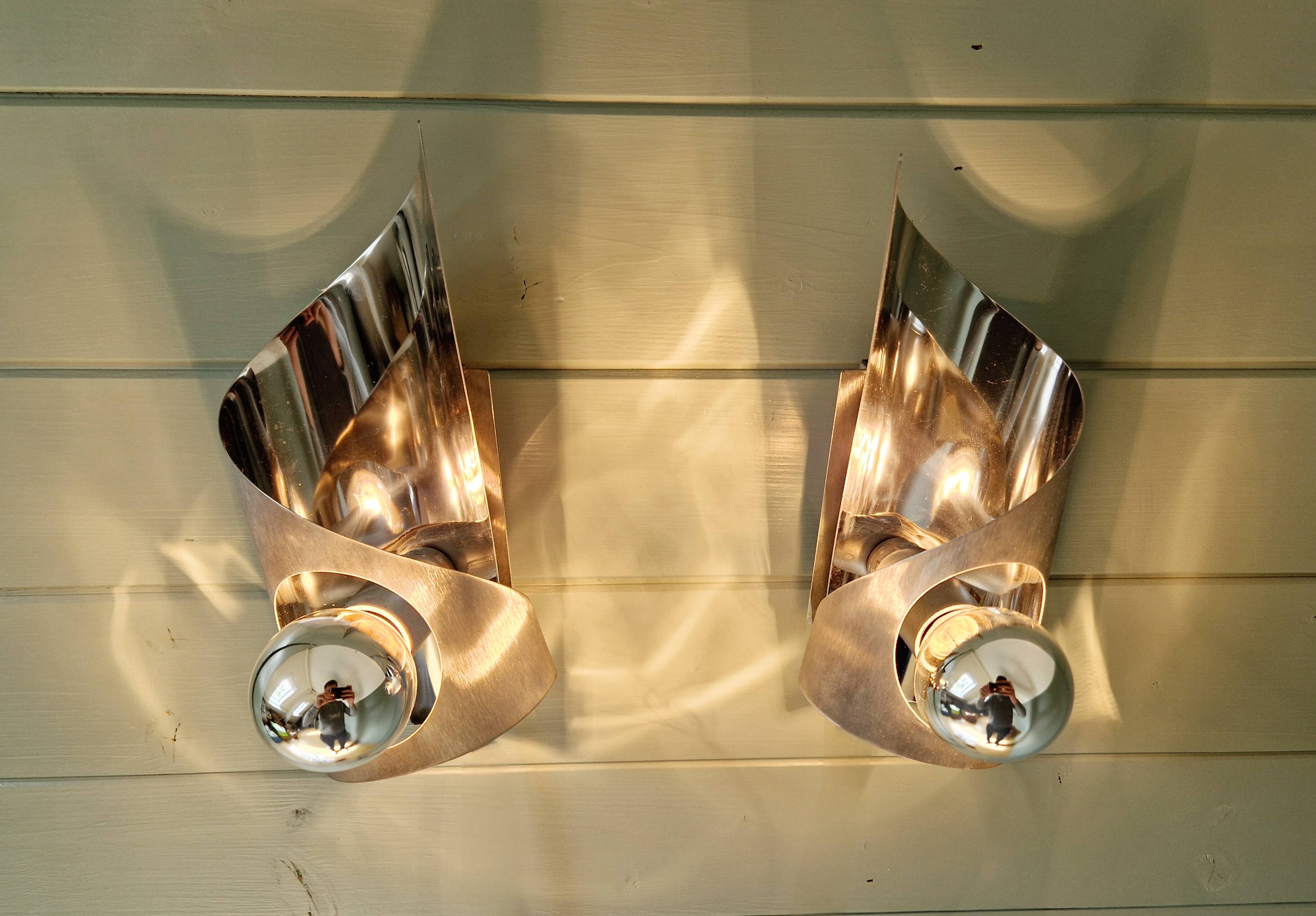 Pair of brushed aluminum wall lights, 1970s