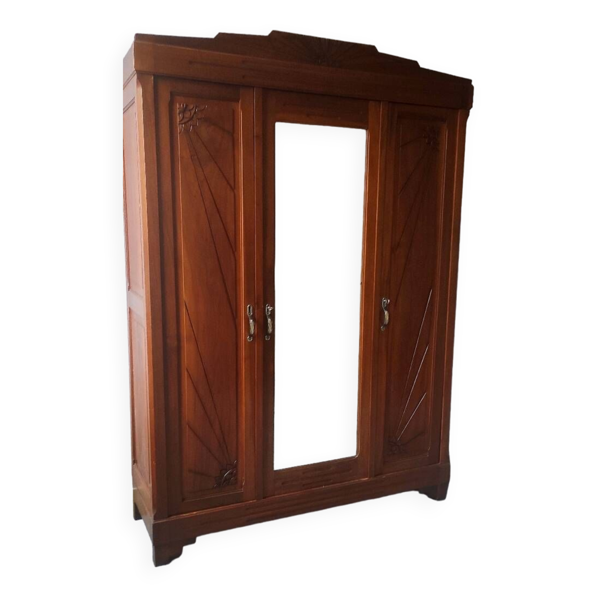 Old art nouveau 3-door wardrobe with mercury mirror