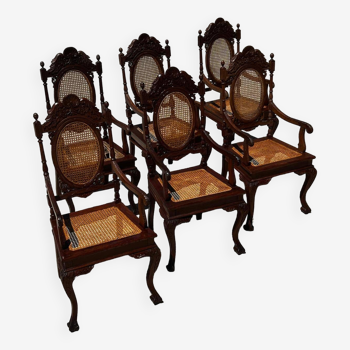 Set of 6 medallion armchairs in turned and carved wood late 19th century