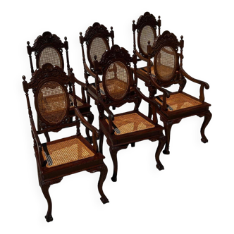 Set of 6 medallion armchairs in turned and carved wood late 19th century