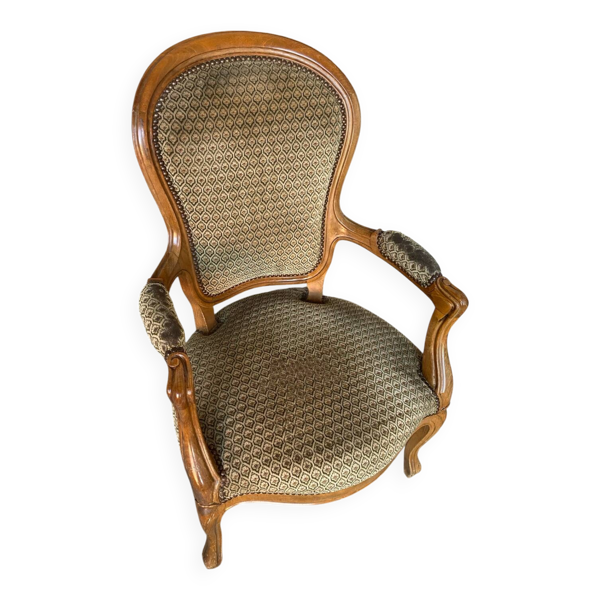 Fauteuil cabriolet ancien style Louis XV en bois et tissu, fin XIXème
