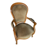 Fauteuil cabriolet ancien style Louis XV en bois et tissu, fin XIXème