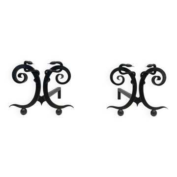Pair of Wrought Iron Andirons in the Style of Edgar Bran with Serpents