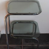 Side table end of sofa vintage chrome and smoked glasses 1970