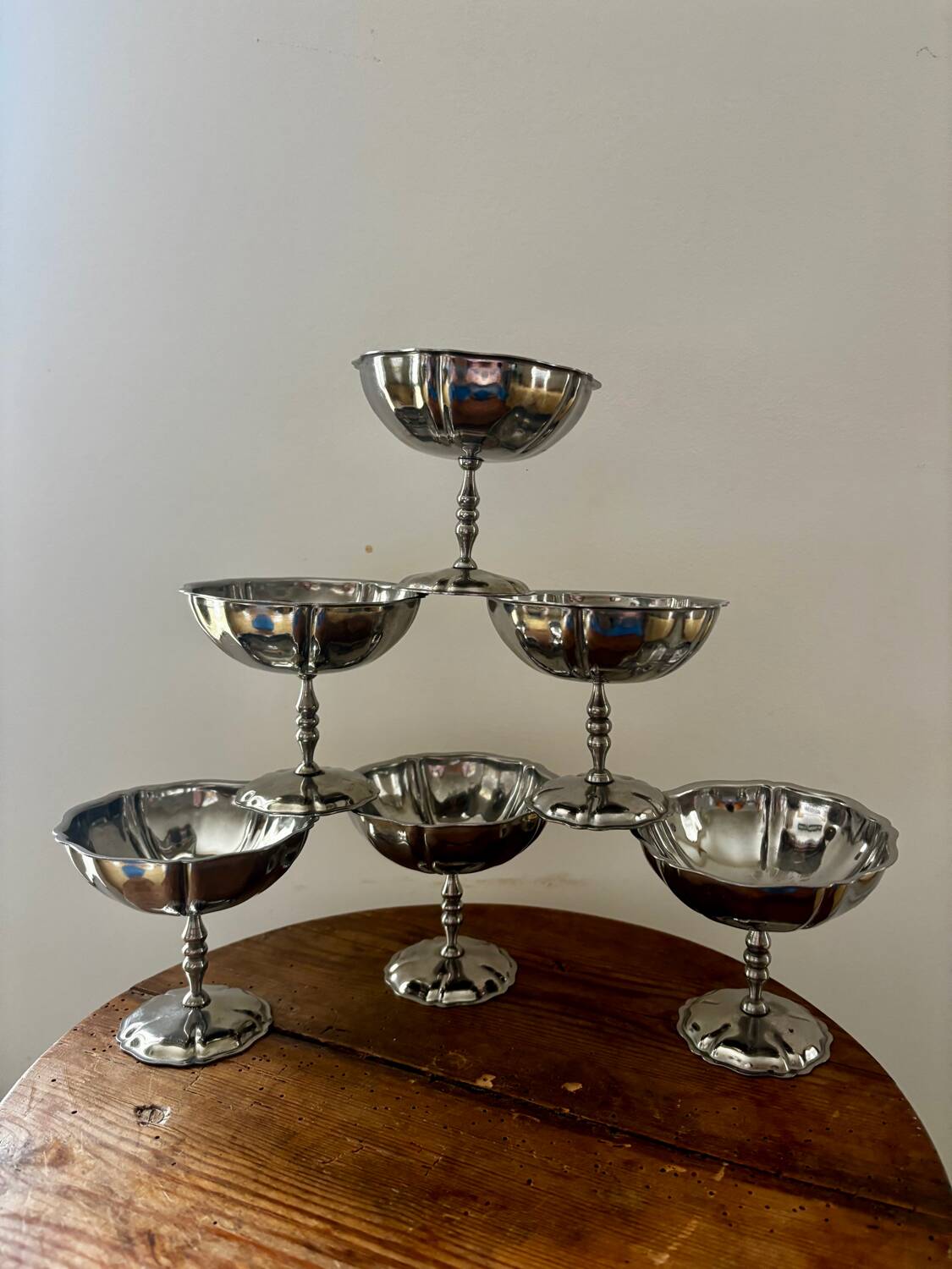 Vintage set of 6 finely engraved stainless steel bowls.