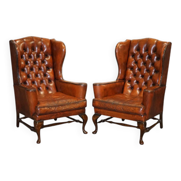 Chesterfield Wingback Armchairs with Flat Arms by William Morris, Set of 2