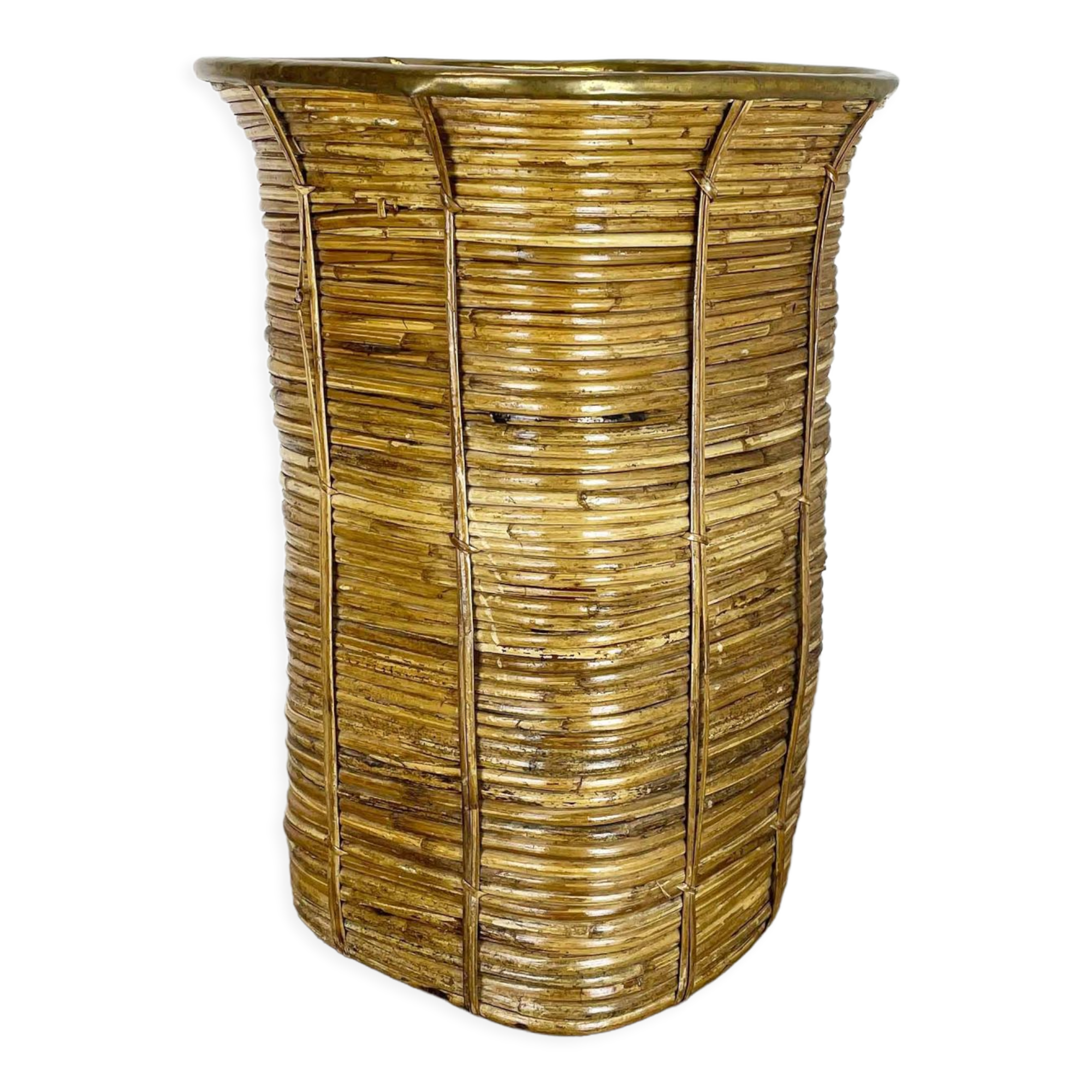 Aubock style rattan and brass bauhaus waste bin France 1960s