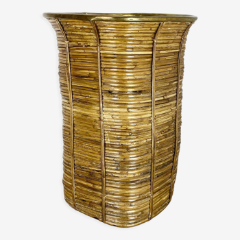 Aubock style rattan and brass bauhaus waste bin France 1960s