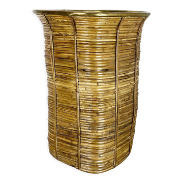 Aubock style rattan and brass bauhaus waste bin France 1960s