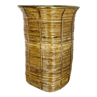 Aubock style rattan and brass bauhaus waste bin France 1960s