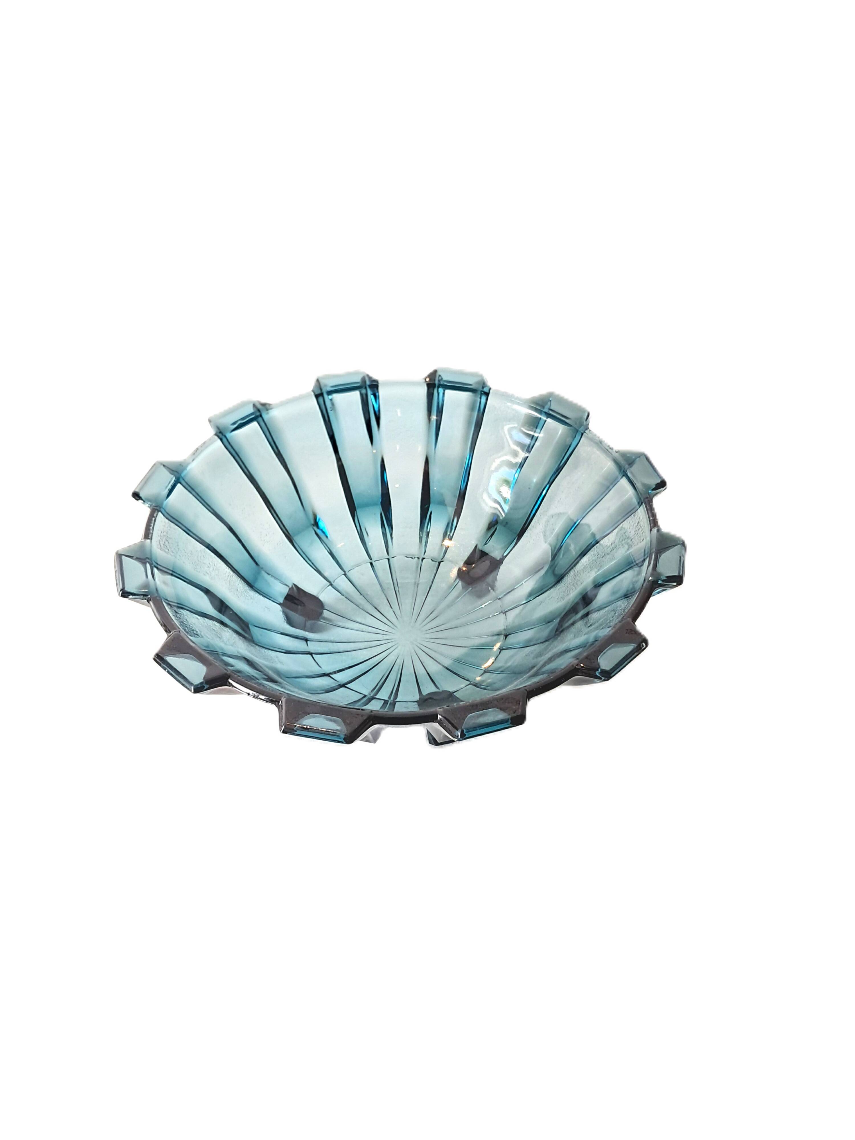 Art Deco Style Geometric Blue Glass Bowl (By Scailmont)