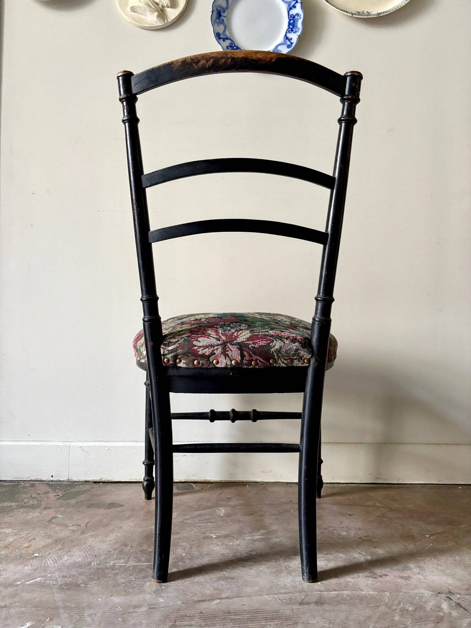 Napoleon III chair in black wood and floral jacquard