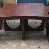 Coffee table in teak with its 4 stools