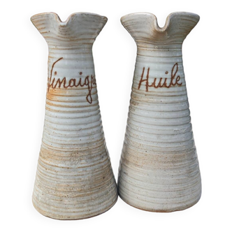 Stoneware bottle set, Oil/Vinegar, stoneware from Marais France, 1970