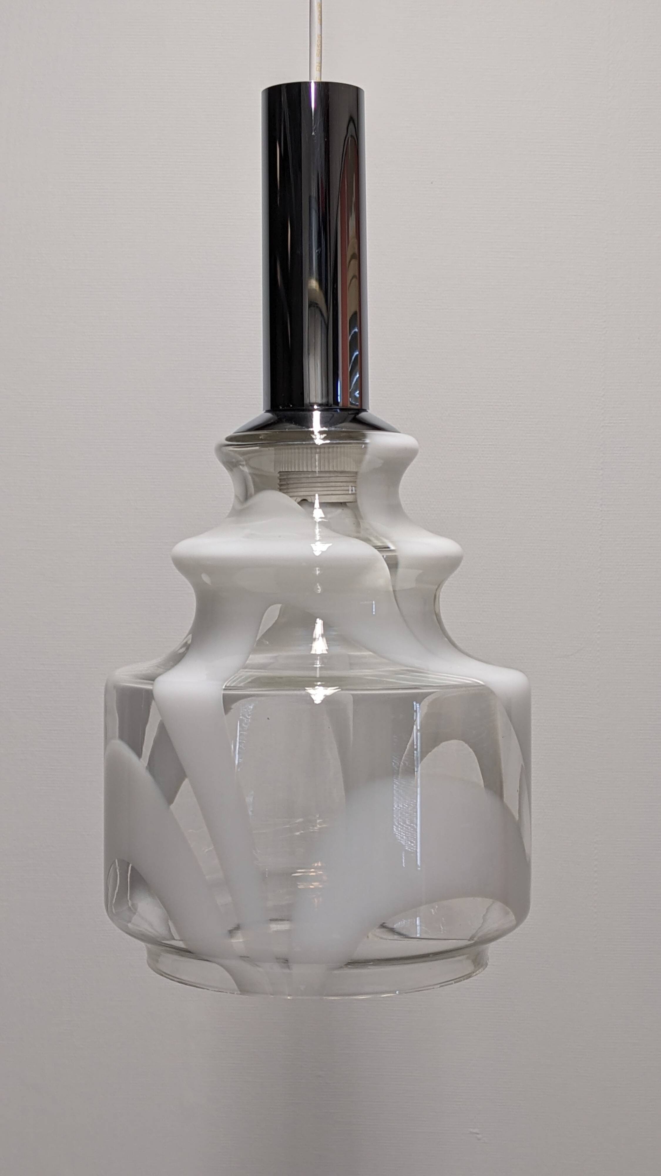Murano white harlequin blown glass pendant light, Italy circa 1970