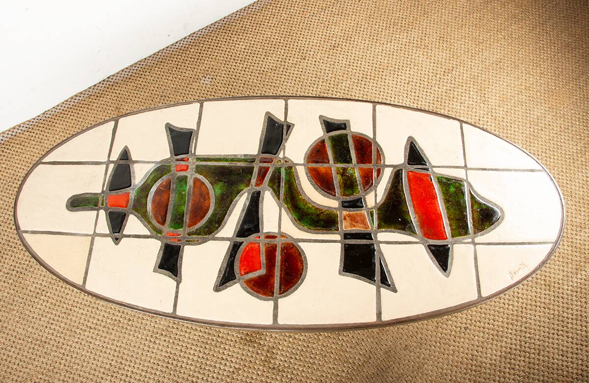 Table basse Française, Acier Chromé et Céramique par Barrois Vallauris 1960