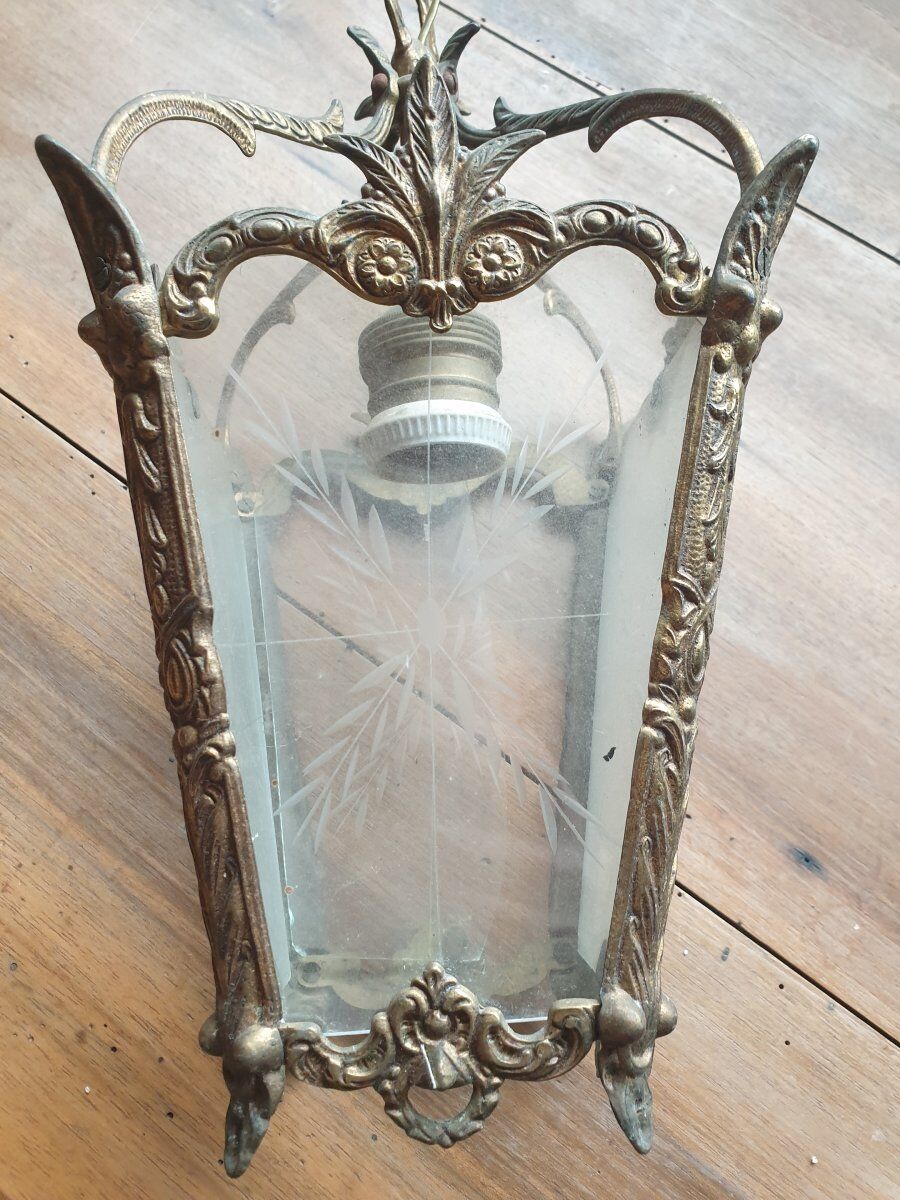 Small chandelier / lantern in bronze with etched glass - Louis XV style