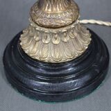 1940s Restored Brass Table Lamp with Wooden Base and Glass Shade