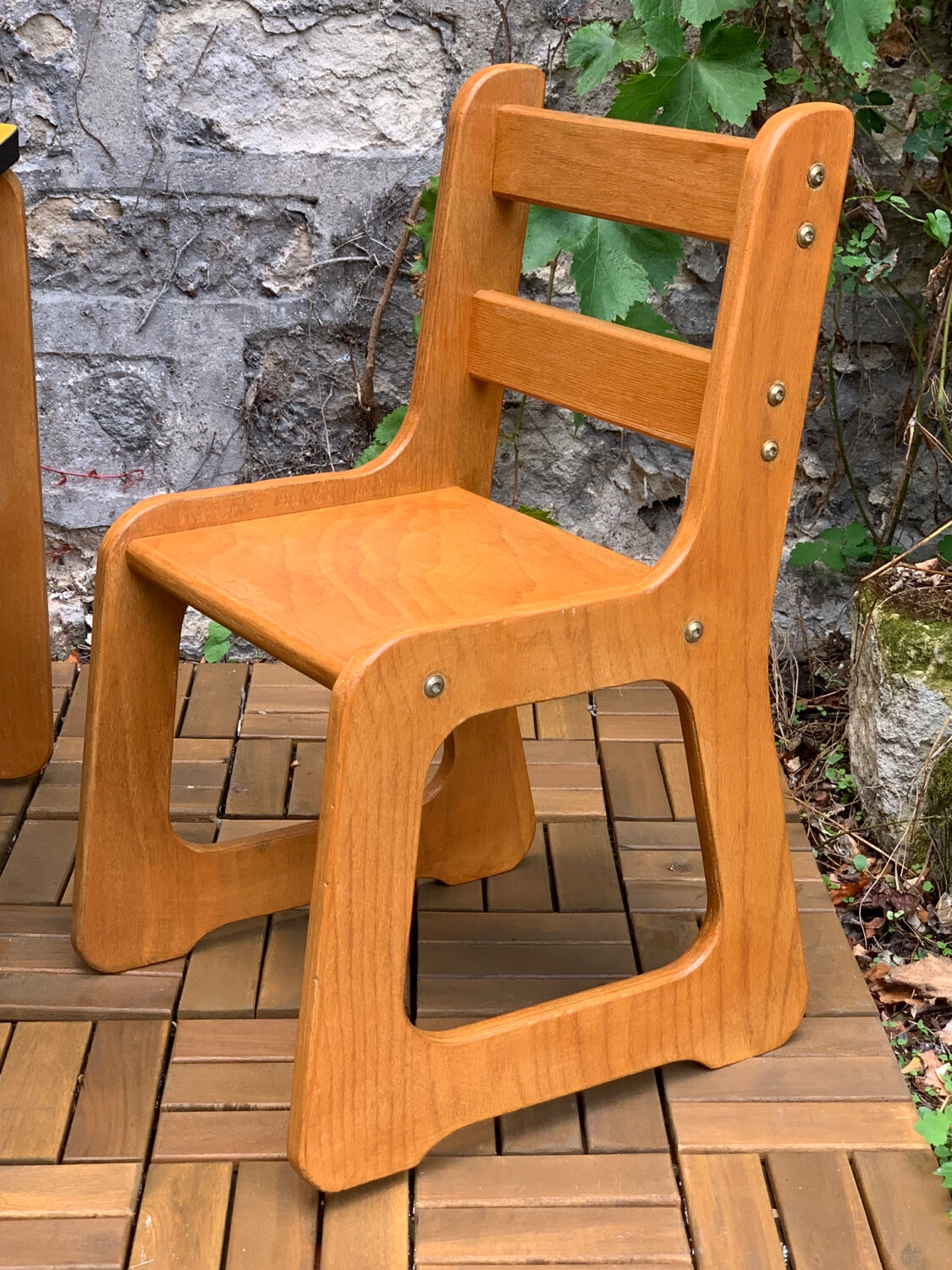 Children's wooden and formica desk and sled chairs 1970