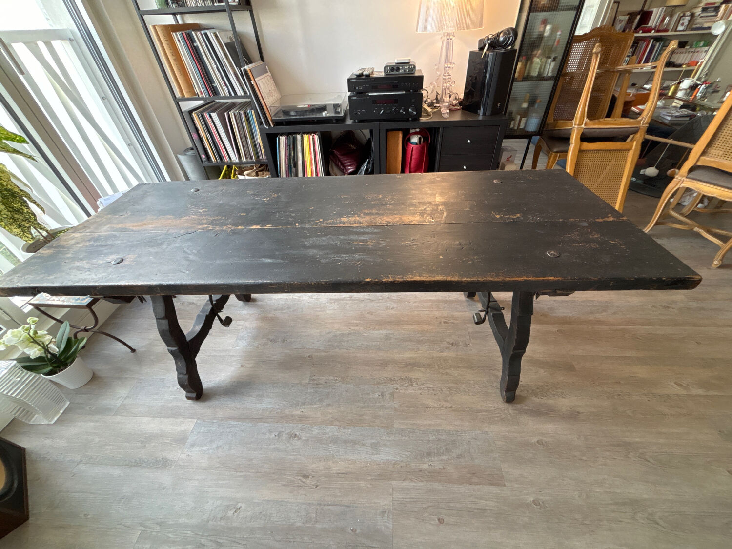 Solid wood farmhouse table with ebony finish.