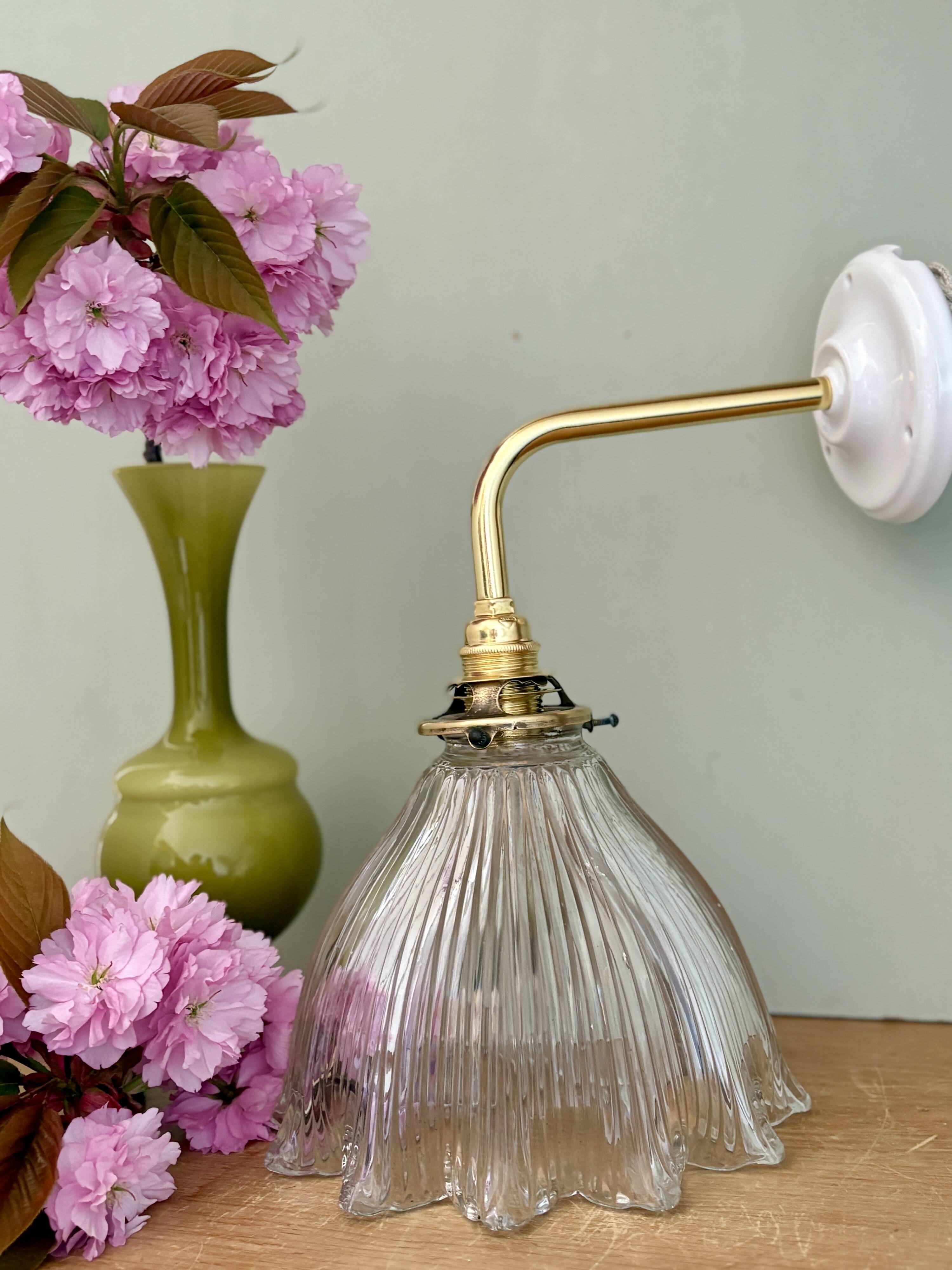 Elbow wall lamp with vintage holophane glass shade