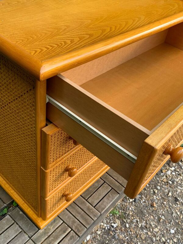 Commode et son chevet en rotin cannage et chêne vintage 1970