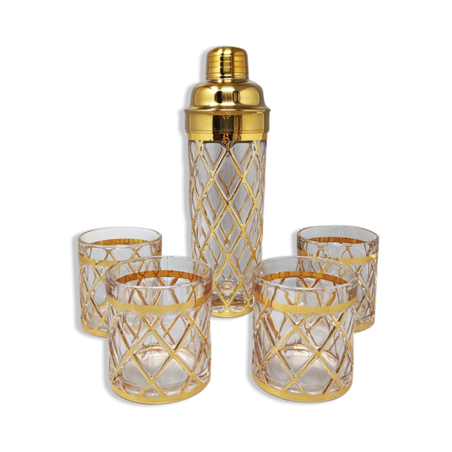 2000s cocktail shaker with 4 glasses by Altuzarra. Made in Usa
