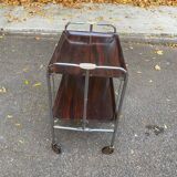Folding serving cart in steel and mahogany wood on wheels, 70cm