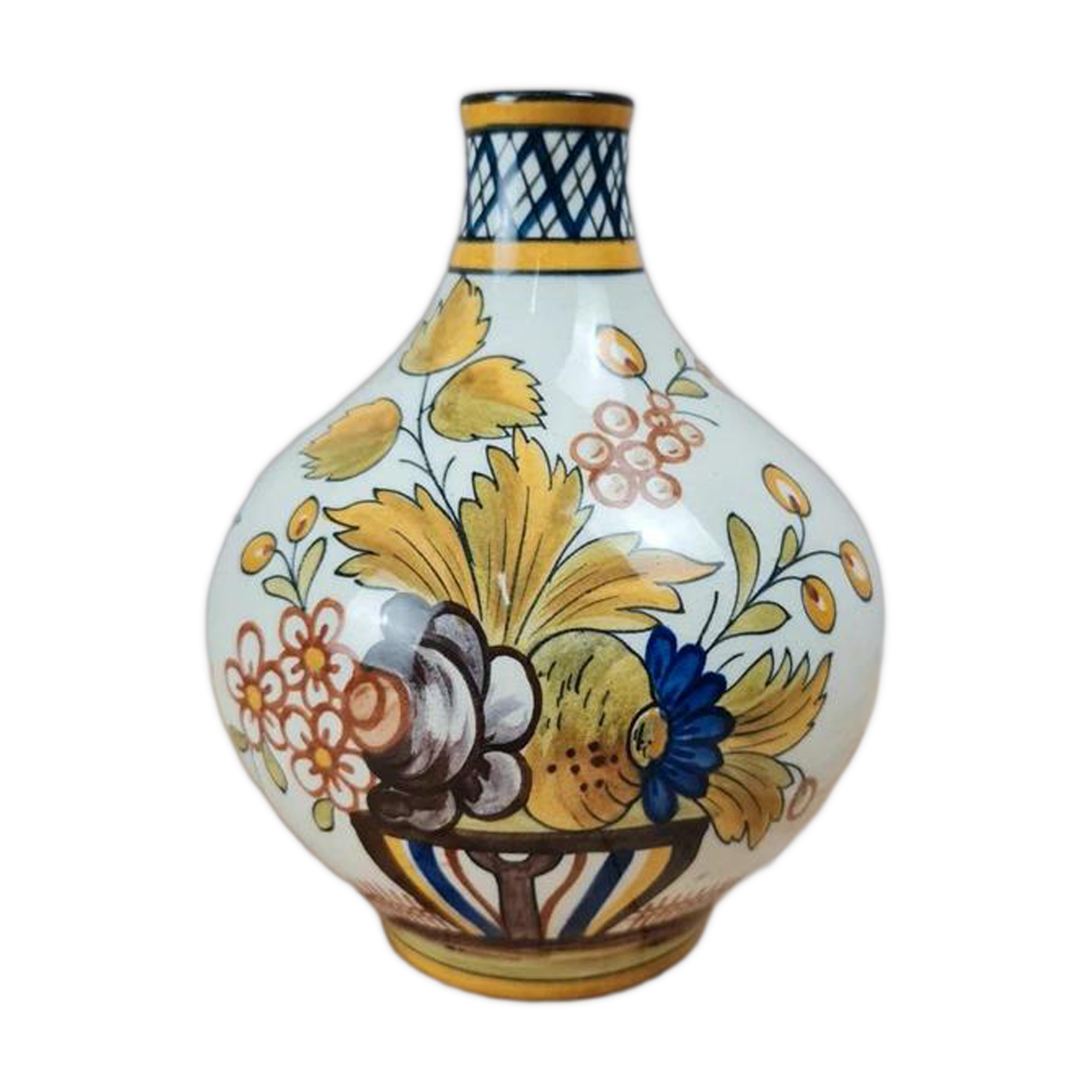 Antique hand-decorated faience vase – floral and bird design