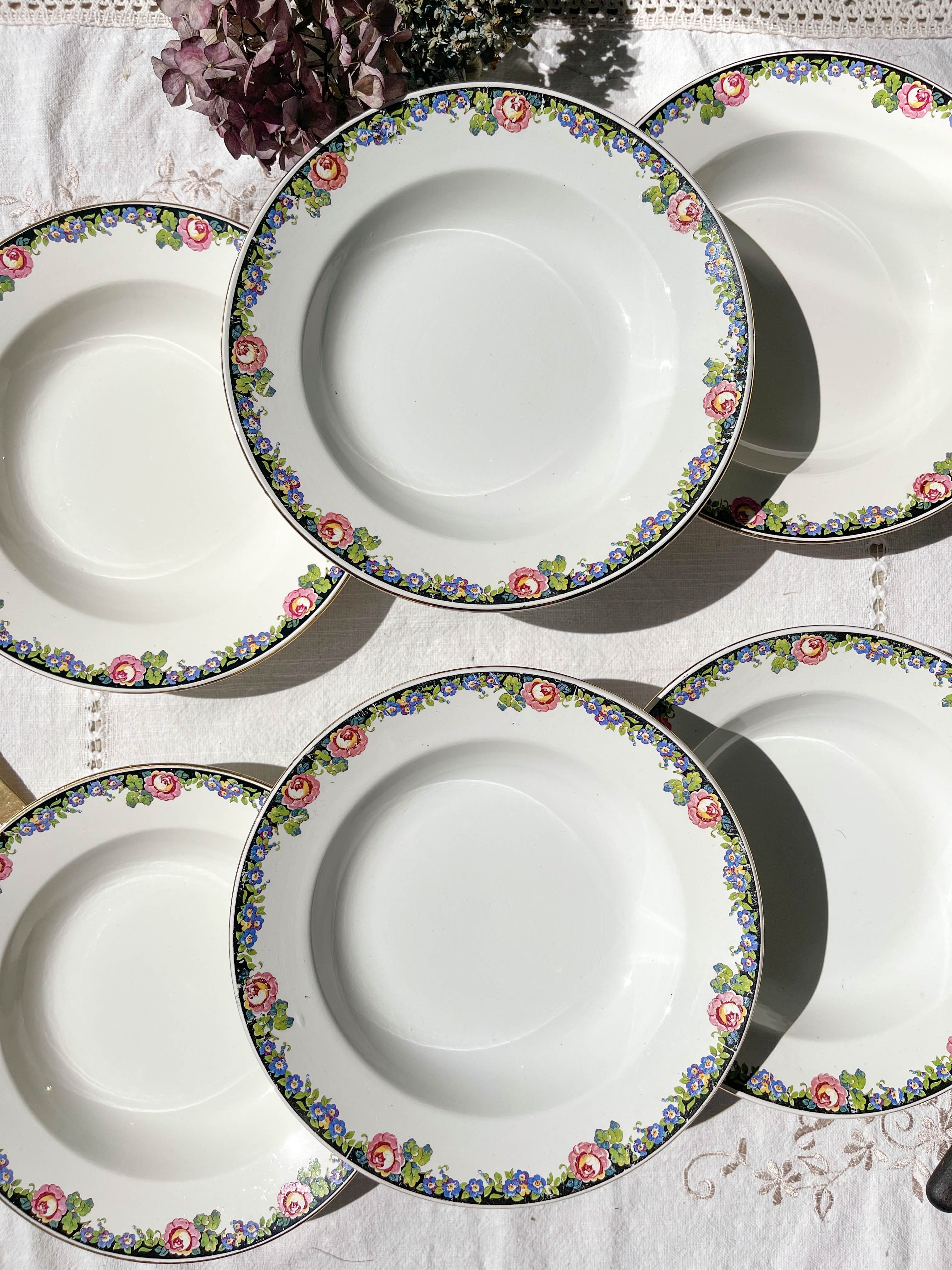 6 Digoin opaque porcelain soup plates with floral pattern "3984"
