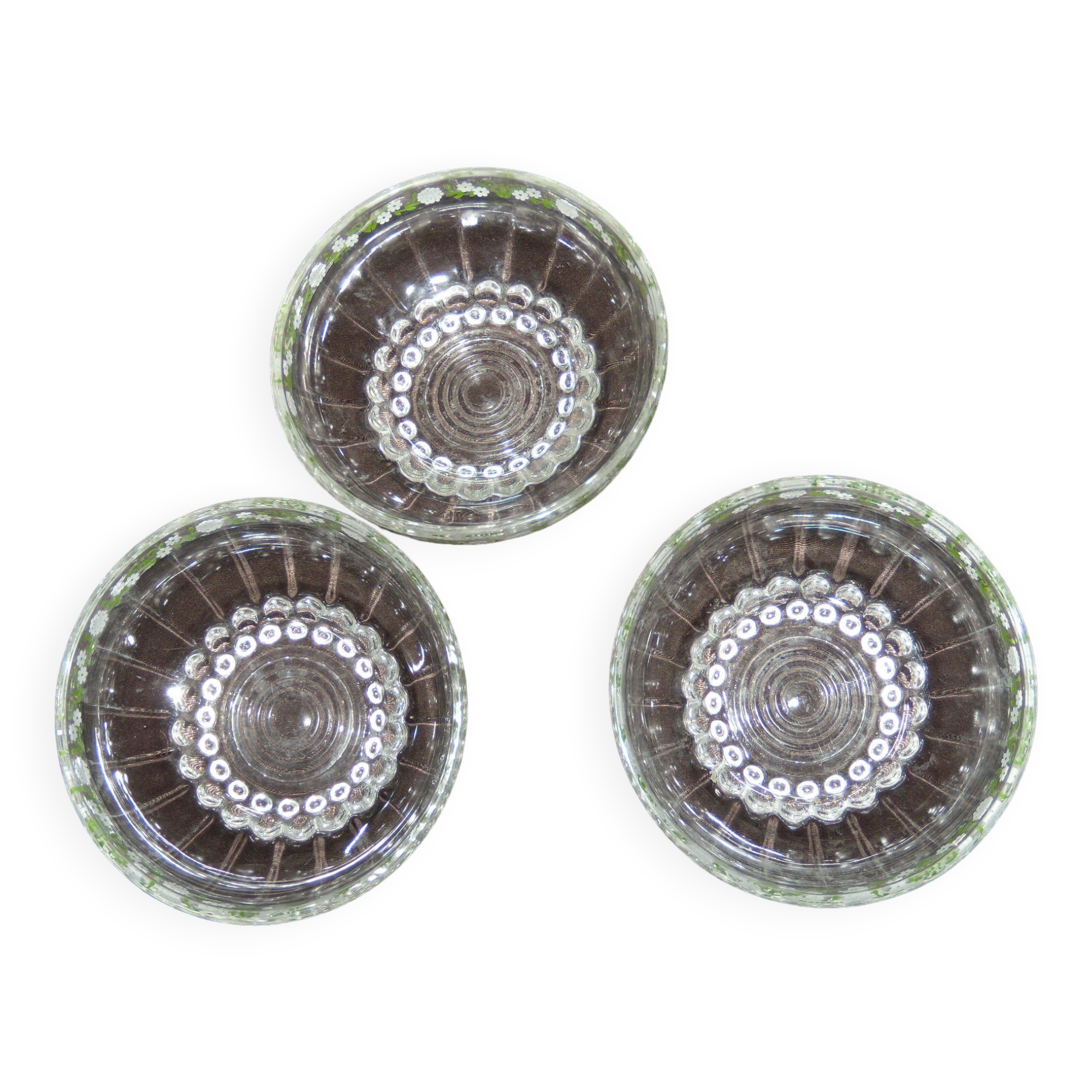 Set of 3 old glass bowls/cups decorated with small white flowers Materne rare