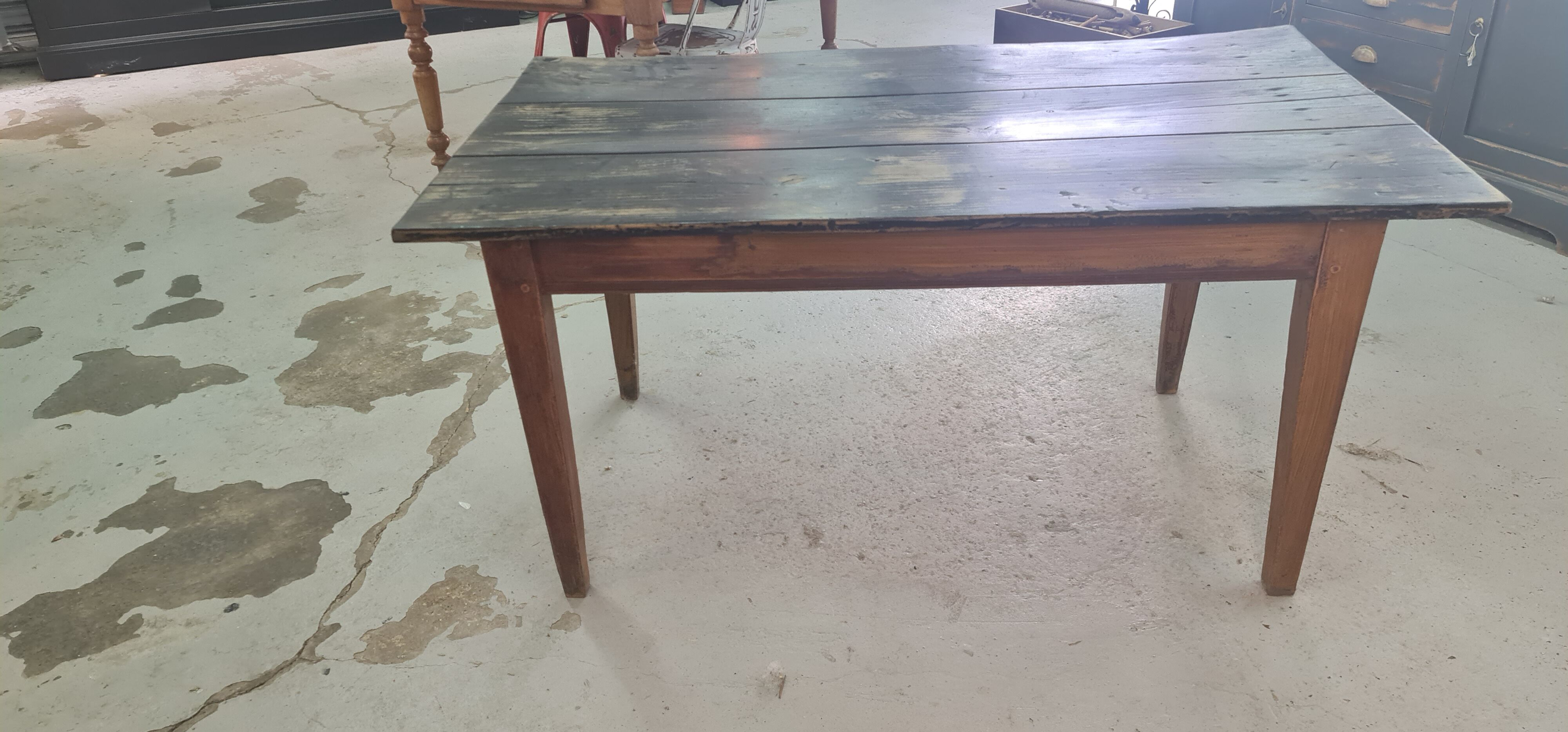 Old wooden table a drawer tray patina black waxed