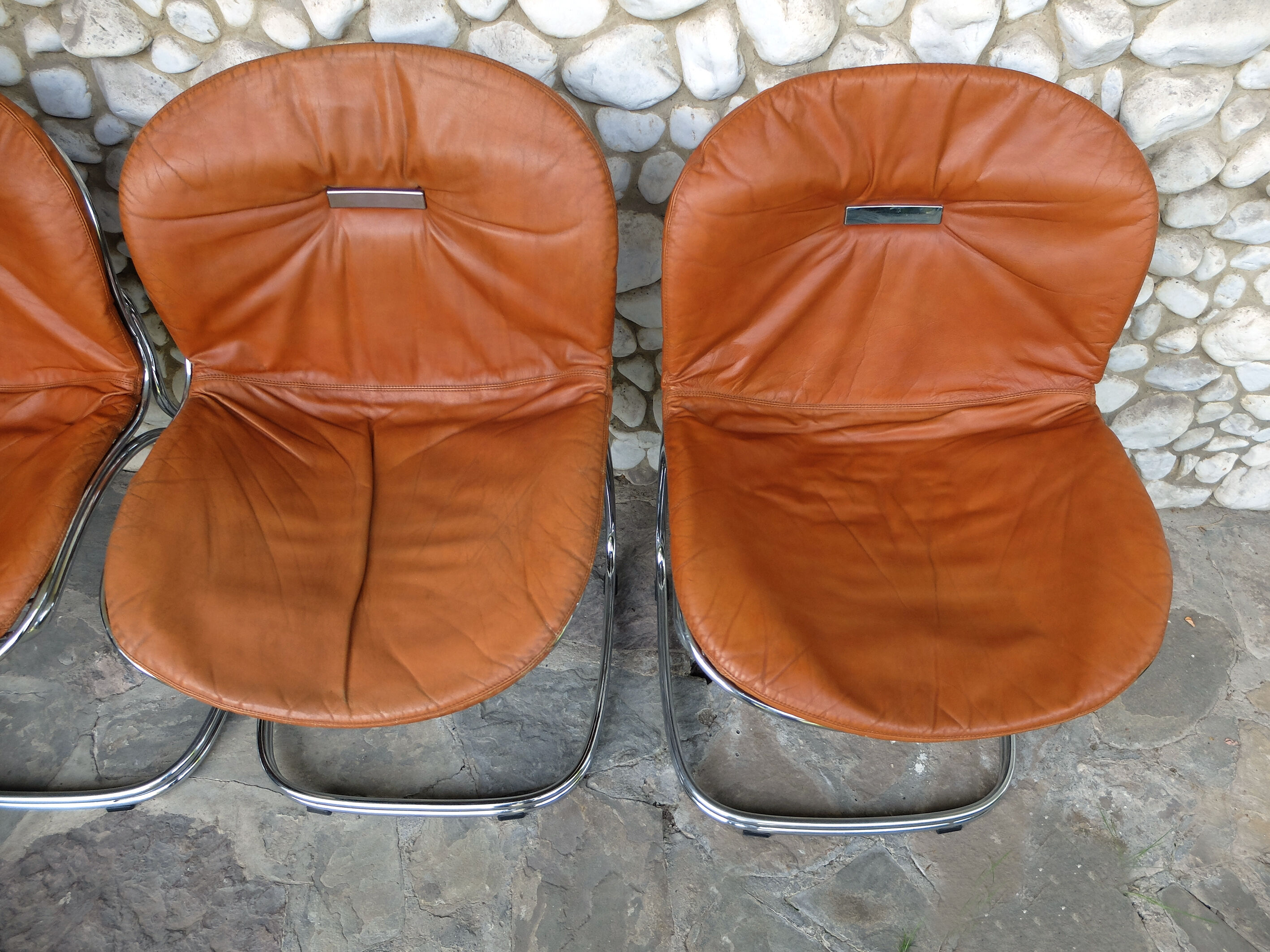 Seérie of 4 chairs Sabrina design Gastone Rinaldi for Rima, tawny leather, 1970