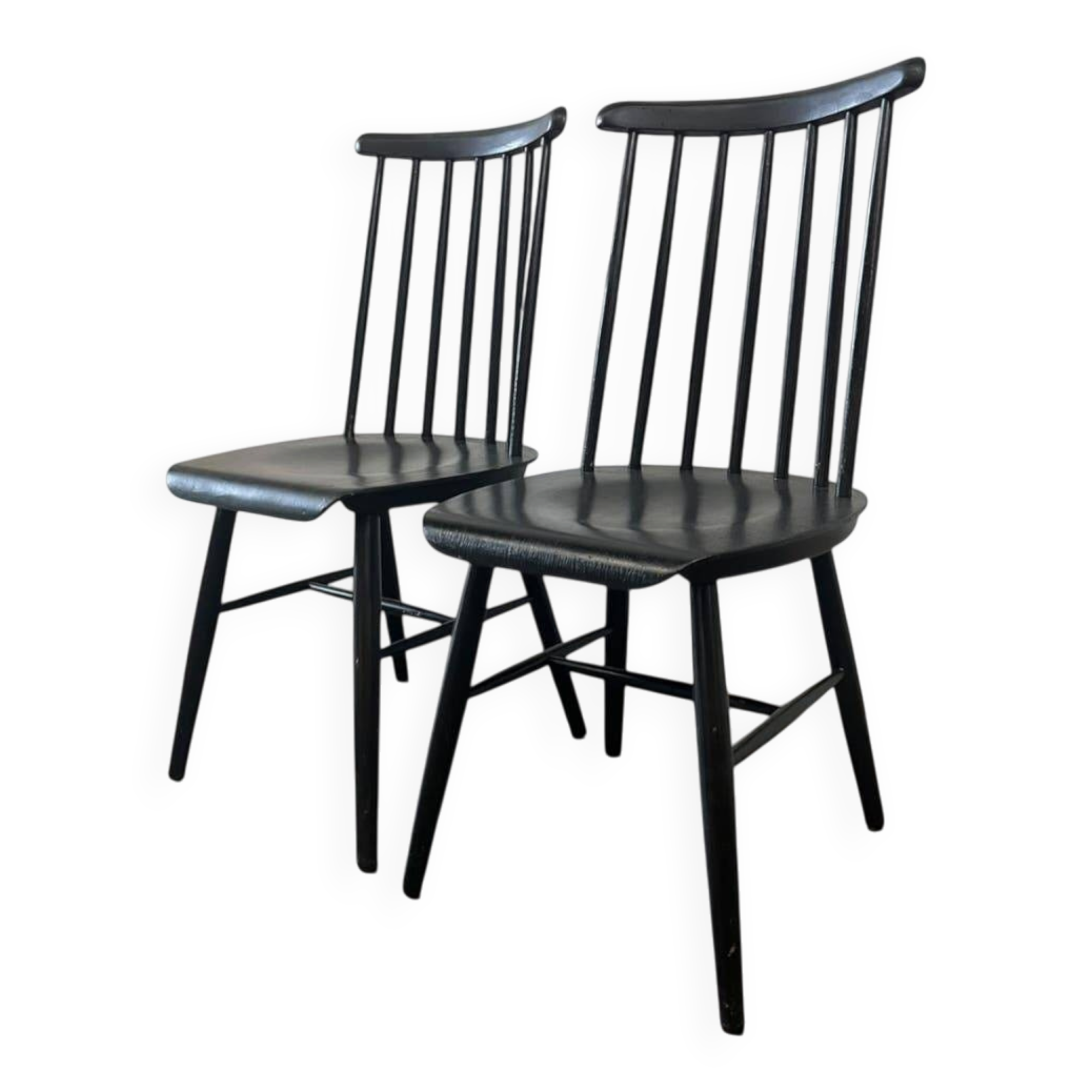 Set of 2 vintage black spindle wooden chairs