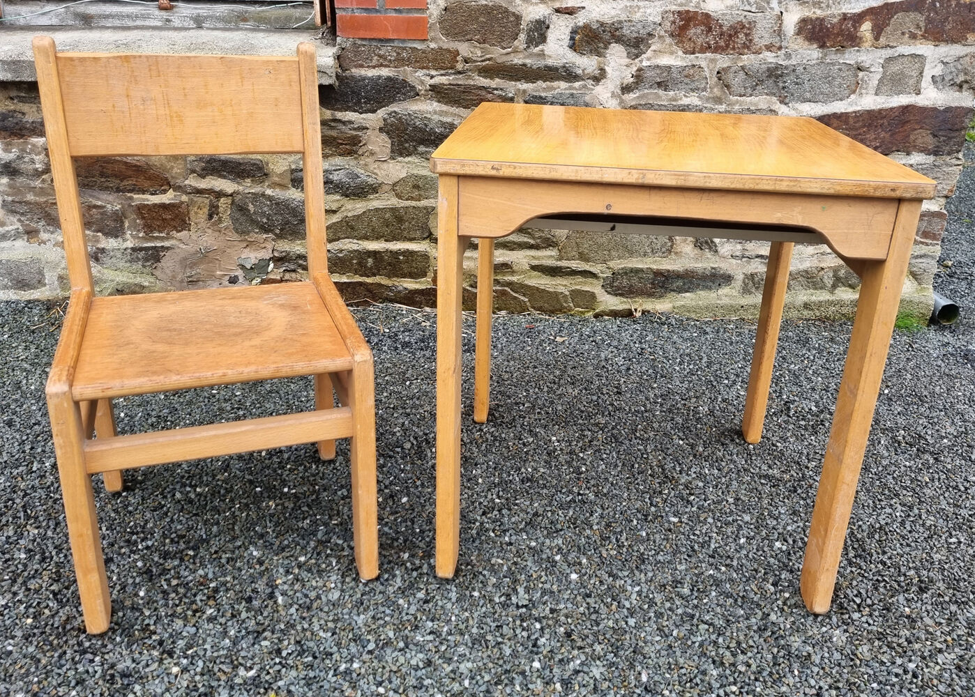 Children's desk and chair, wood and formica, vintage, 70s