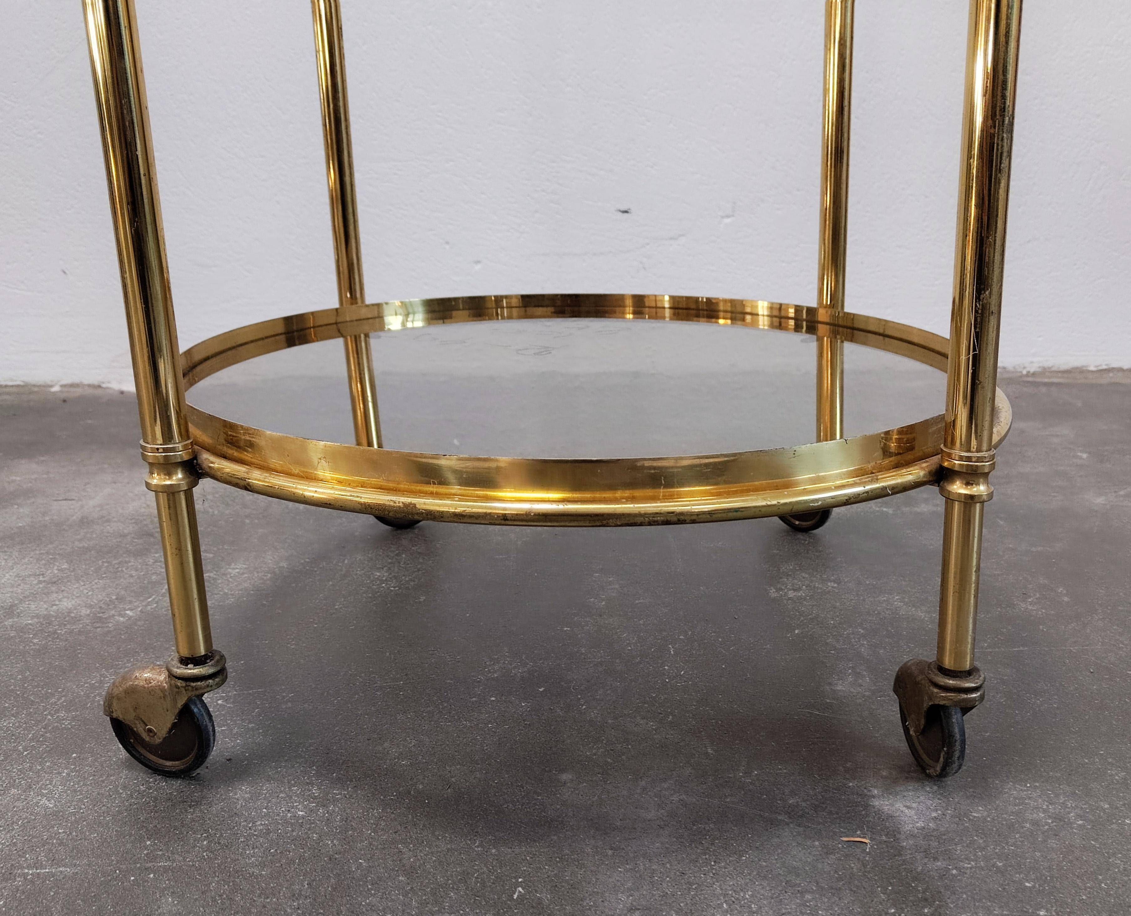 Hollywood Regency bar cart in bronze and smoked glass, 1950s