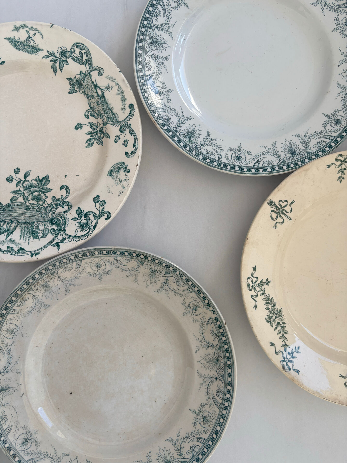Lot of 6 green ironstone plates, antique French faience.