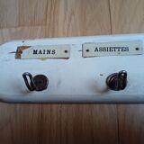 Kitchen towel holder. 5 hooks labeled for hands, plates